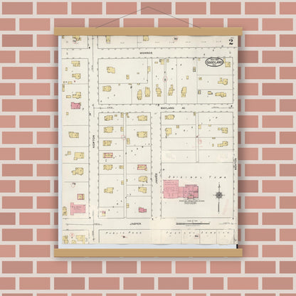 Old map wall art mockup — magnetic wood frame on brick wall — Sanborn Fire Insurance Map from Goodland, Newton County, Indiana (1933), Sheet #0002
