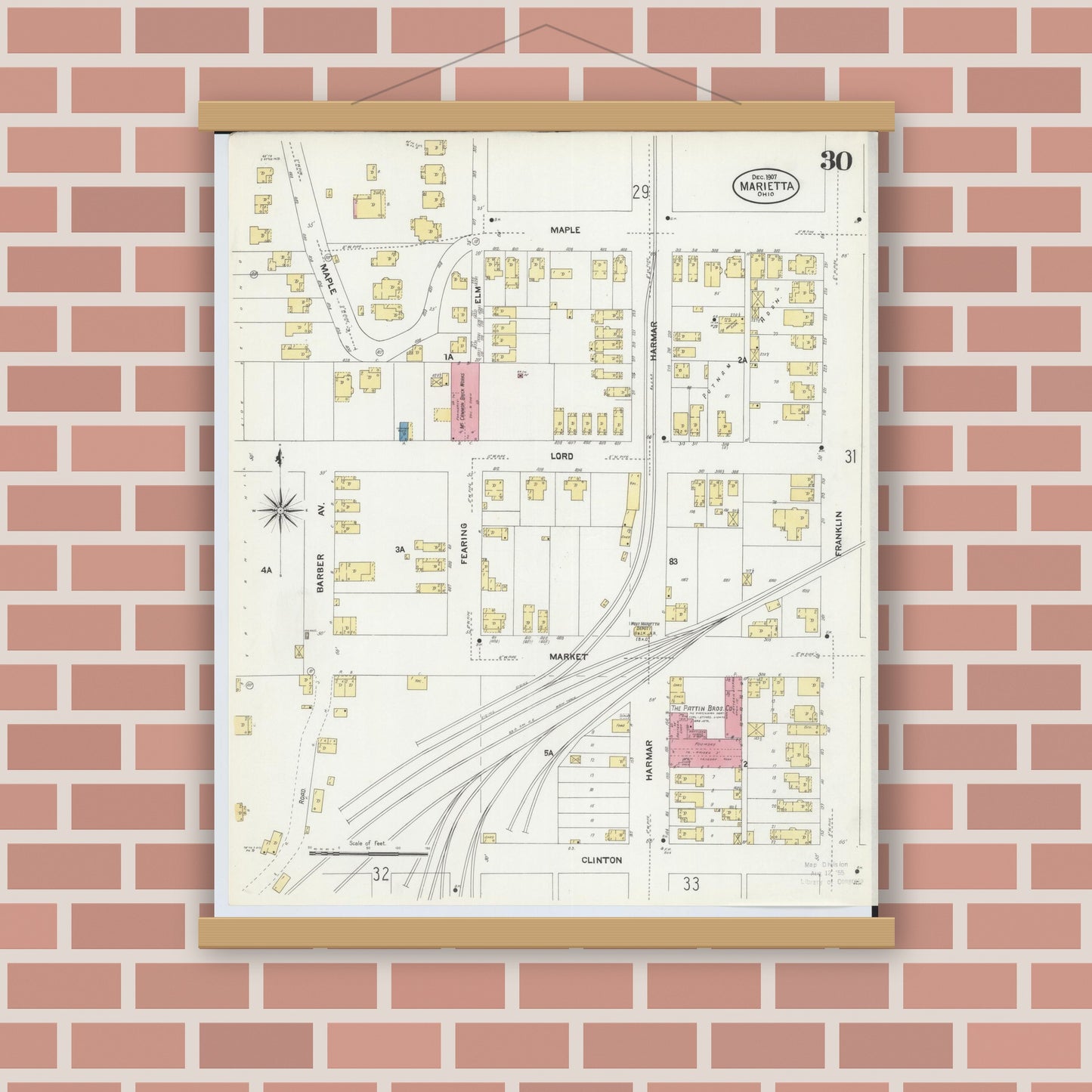 Old map wall art mockup — magnetic wood frame on brick wall — Sanborn Fire Insurance Map from Marietta, Washington County, Ohio (1907), Sheet #0030
