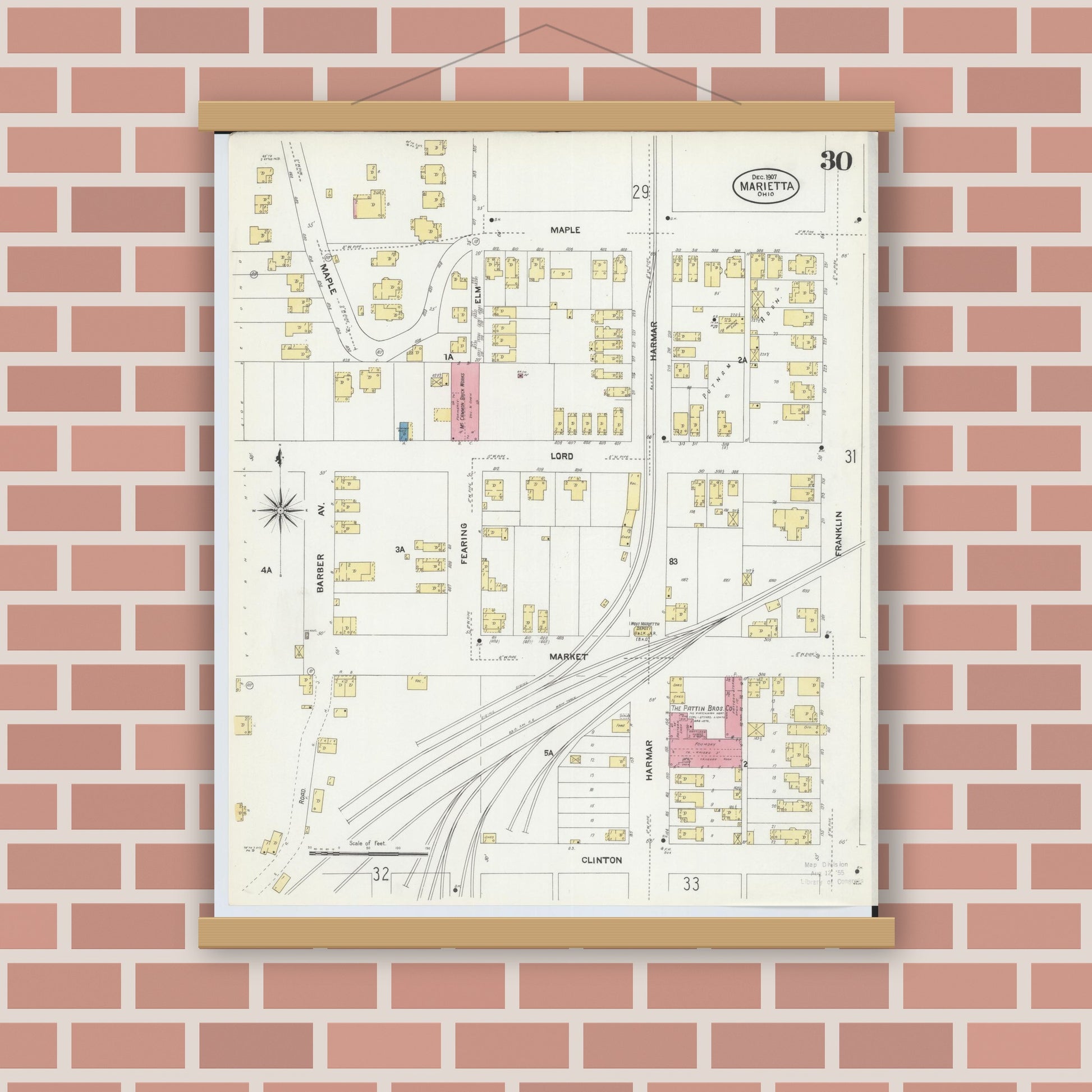 Old map wall art mockup — magnetic wood frame on brick wall — Sanborn Fire Insurance Map from Marietta, Washington County, Ohio (1907), Sheet #0030