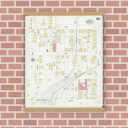 Old map wall art mockup — magnetic wood frame on brick wall — Sanborn Fire Insurance Map from Marietta, Washington County, Ohio (1907), Sheet #0030