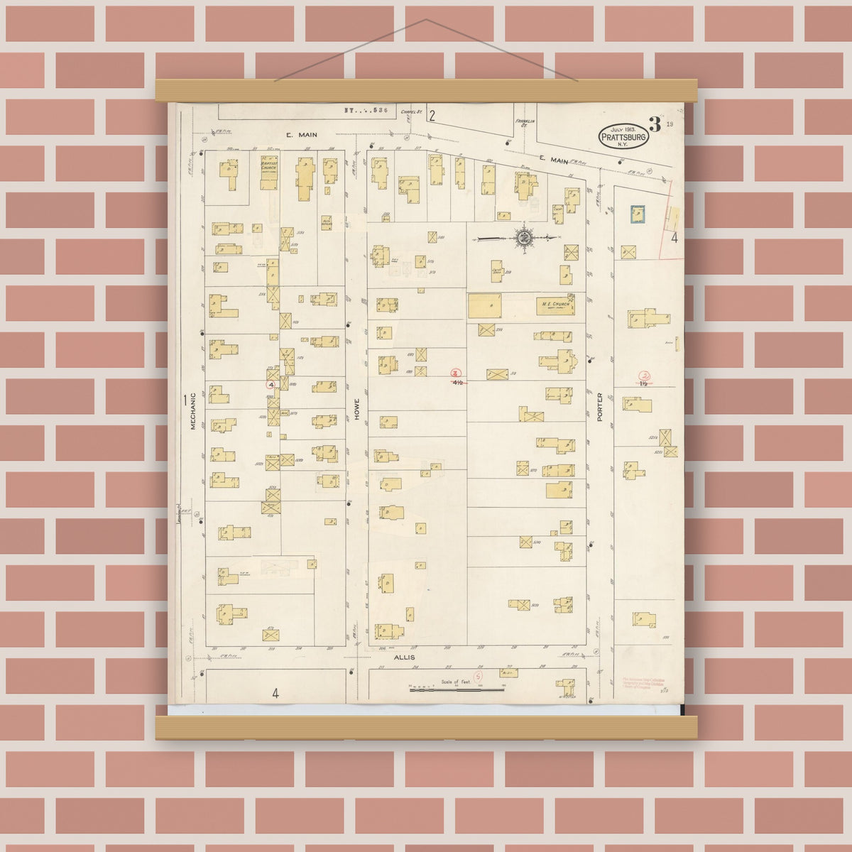 Old map wall art mockup — magnetic wood frame on brick wall — Sanborn Fire Insurance Map from Prattsburgh, Steuben County, New York (1934), Sheet #0003