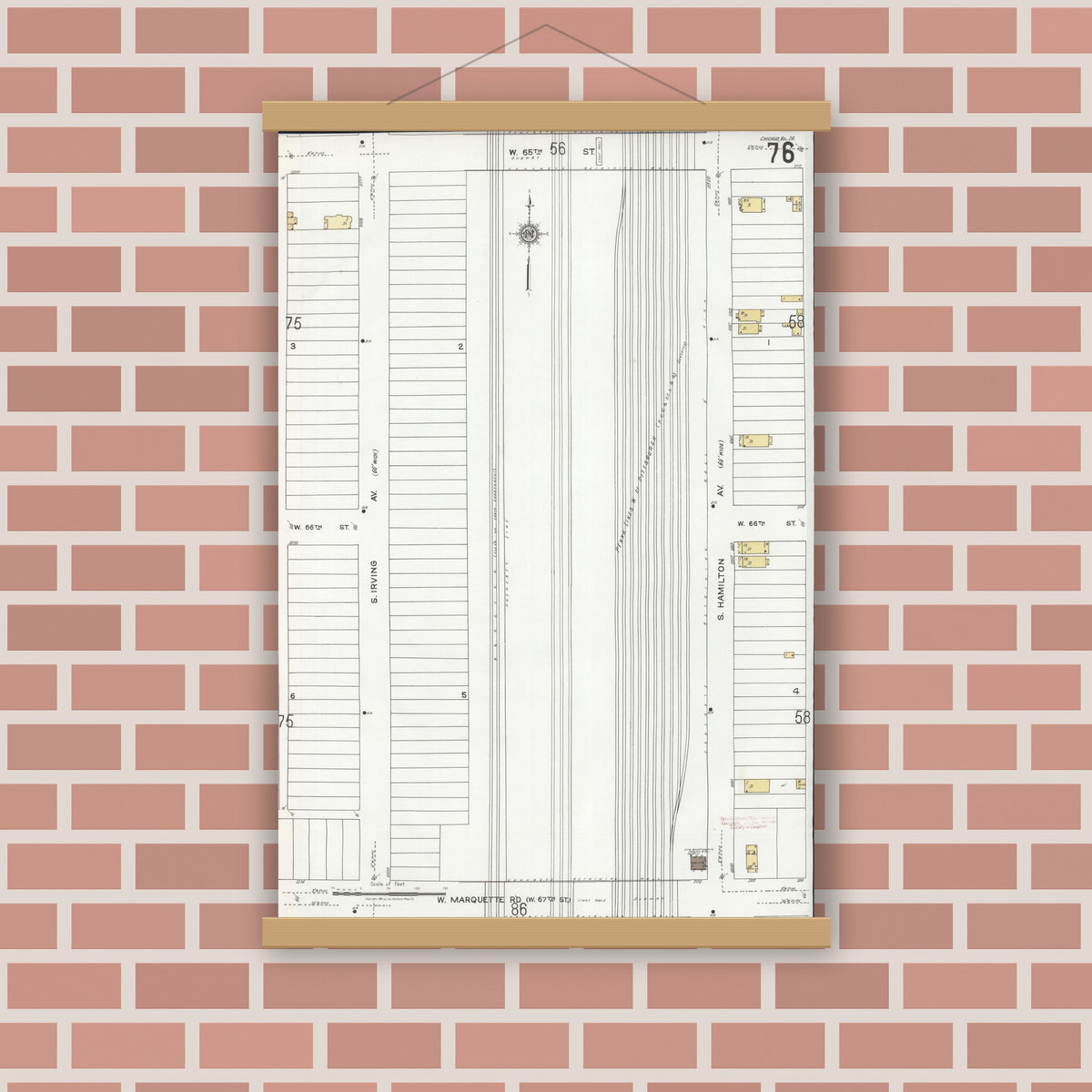 Old map wall art mockup — magnetic wood frame on brick wall — Sanborn Fire Insurance Map from Chicago, Cook County, Illinois (1920), Sheet #0076