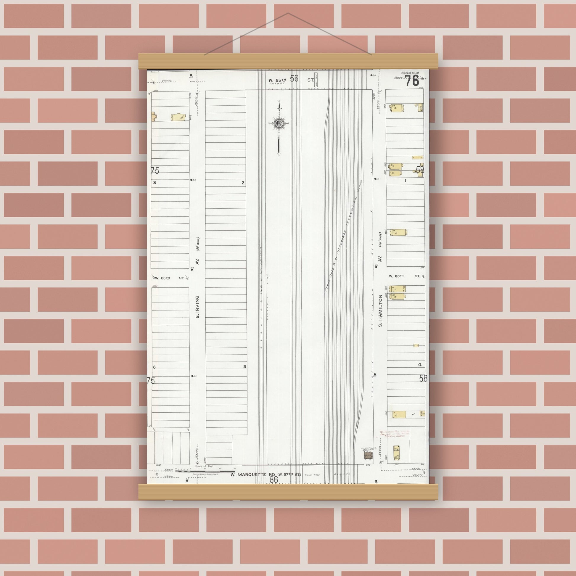 Old map wall art mockup — magnetic wood frame on brick wall — Sanborn Fire Insurance Map from Chicago, Cook County, Illinois (1920), Sheet #0076