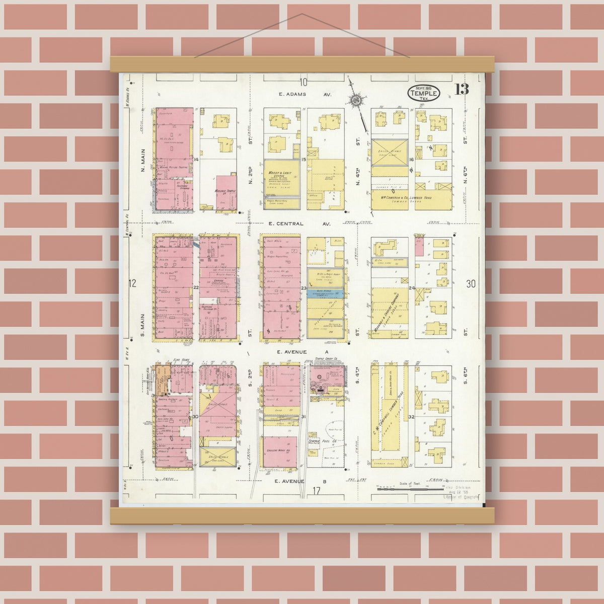 Old map wall art mockup — magnetic wood frame on brick wall — Sanborn Fire Insurance Map from Temple, Bell County, Texas (1915), Sheet #0013