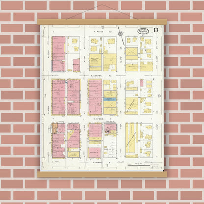 Old map wall art mockup — magnetic wood frame on brick wall — Sanborn Fire Insurance Map from Temple, Bell County, Texas (1915), Sheet #0013