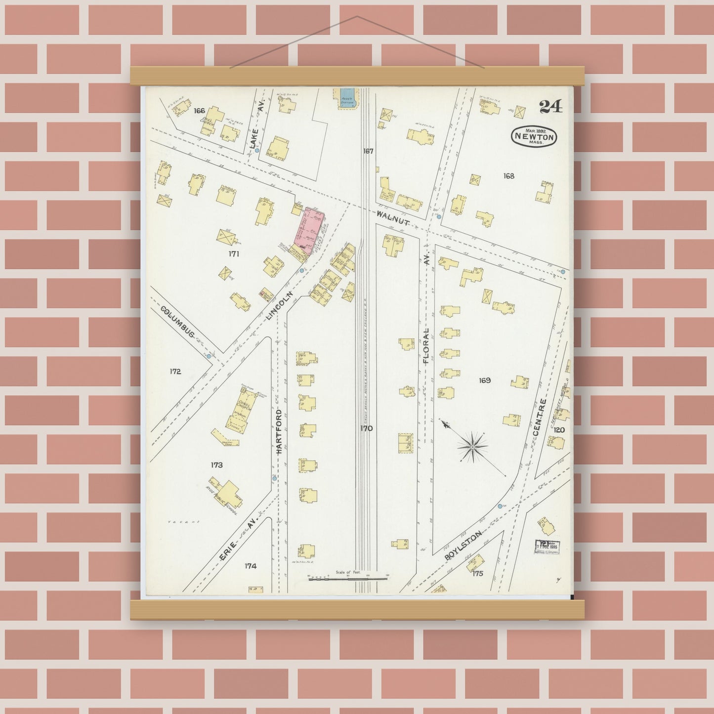 Old map wall art mockup — magnetic wood frame on brick wall — Sanborn Fire Insurance Map from Newton, Middlesex County, Massachusetts (1892), Sheet #0024
