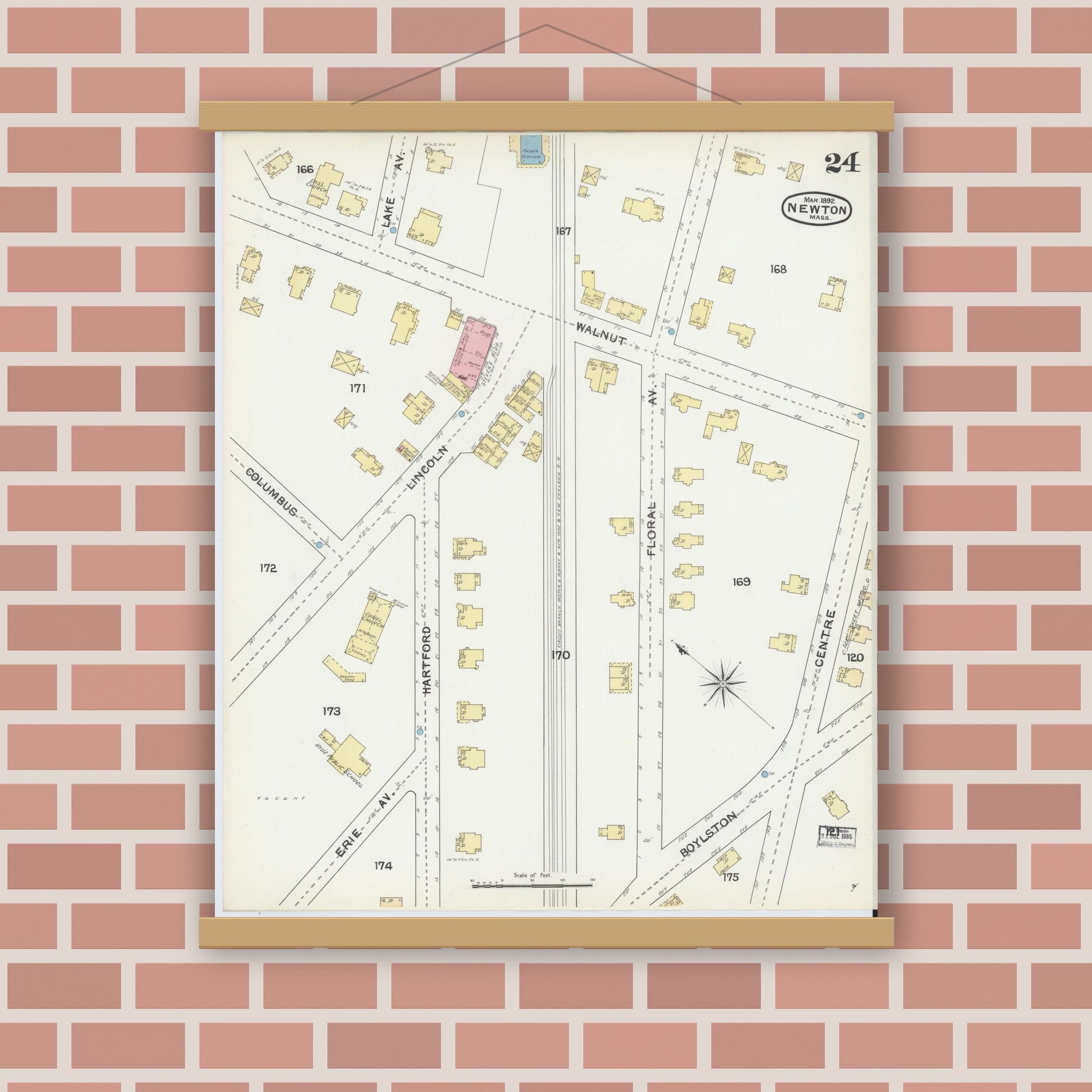 Old map wall art mockup — magnetic wood frame on brick wall — Sanborn Fire Insurance Map from Newton, Middlesex County, Massachusetts (1892), Sheet #0024