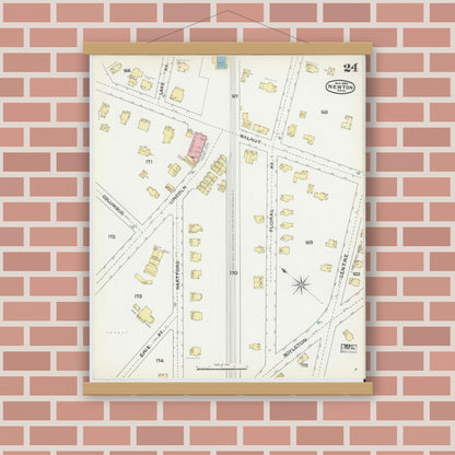 Old map wall art mockup — magnetic wood frame on brick wall — Sanborn Fire Insurance Map from Newton, Middlesex County, Massachusetts (1892), Sheet #0024