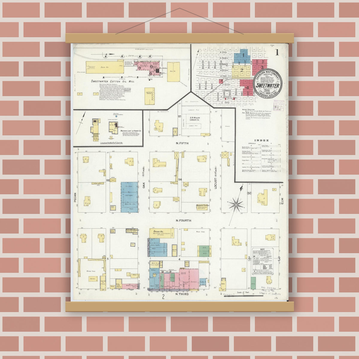 Old map wall art mockup — magnetic wood frame on brick wall — Sanborn Fire Insurance Map from Sweetwater, Nolan County, Texas (1908) - Complete Map Set