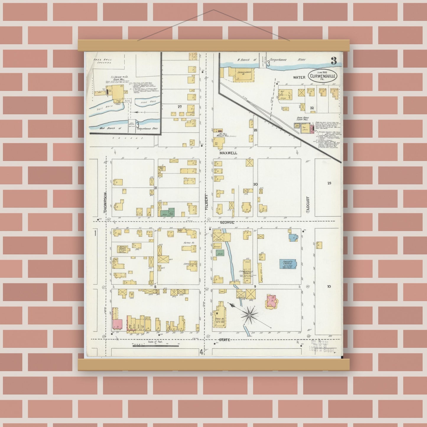 Old map wall art mockup — magnetic wood frame on brick wall — Sanborn Fire Insurance Map from Curwensville, Clearfield County, Pennsylvania (1900), Sheet #0003