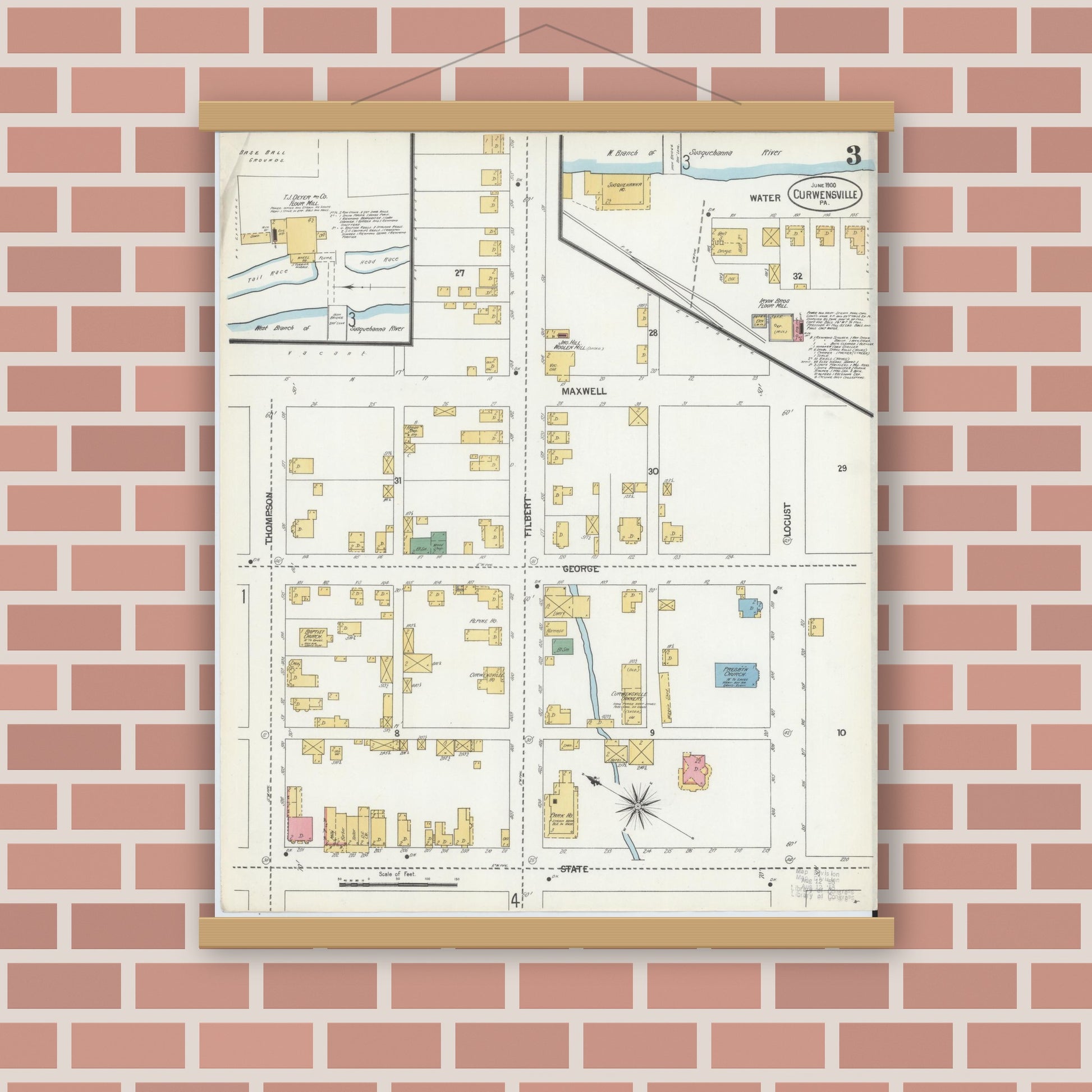Old map wall art mockup — magnetic wood frame on brick wall — Sanborn Fire Insurance Map from Curwensville, Clearfield County, Pennsylvania (1900), Sheet #0003