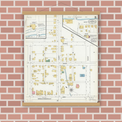 Old map wall art mockup — magnetic wood frame on brick wall — Sanborn Fire Insurance Map from Curwensville, Clearfield County, Pennsylvania (1900), Sheet #0003