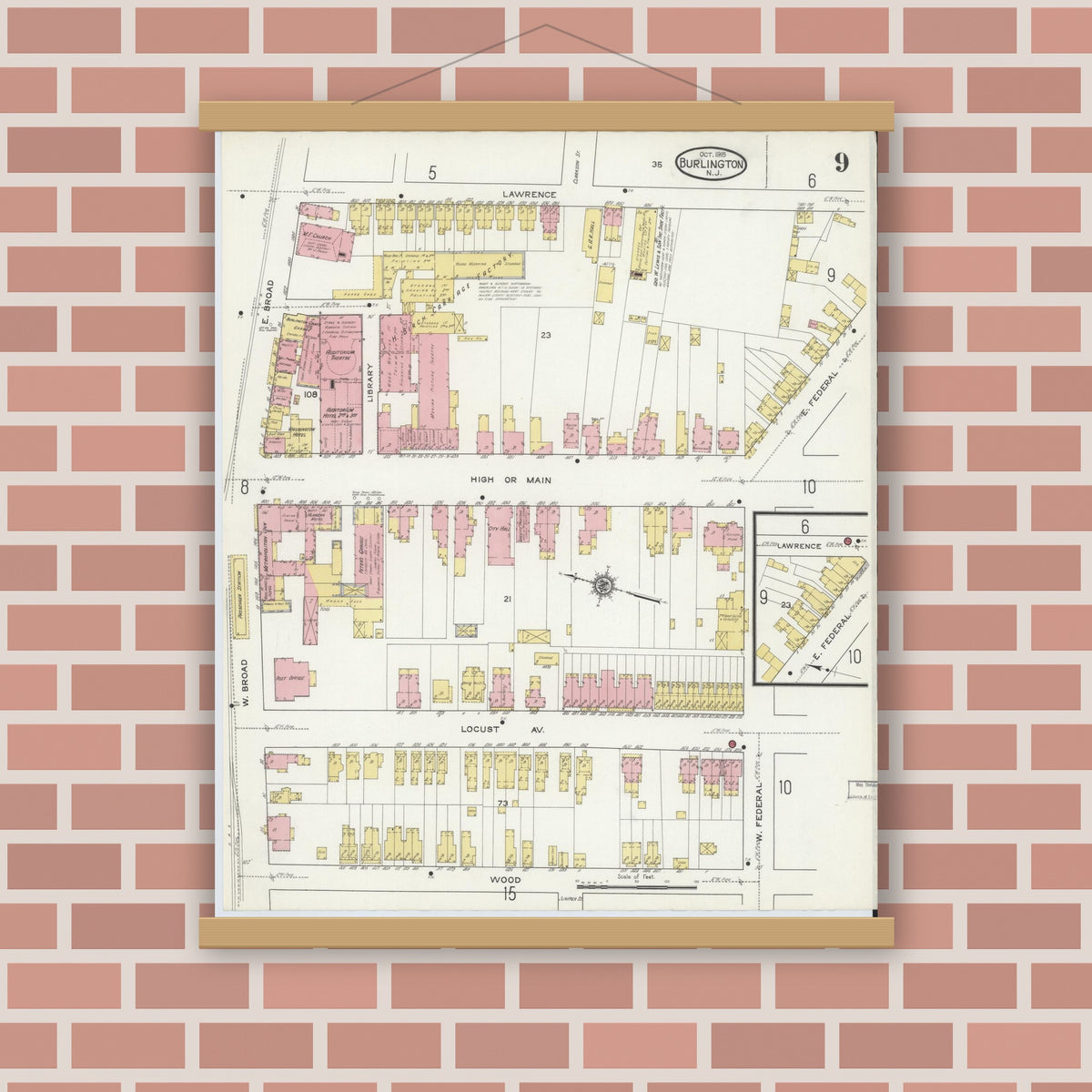 Old map wall art mockup — magnetic wood frame on brick wall — Sanborn Fire Insurance Map from Burlington, Burlington County, New Jersey (1915), Sheet #0009