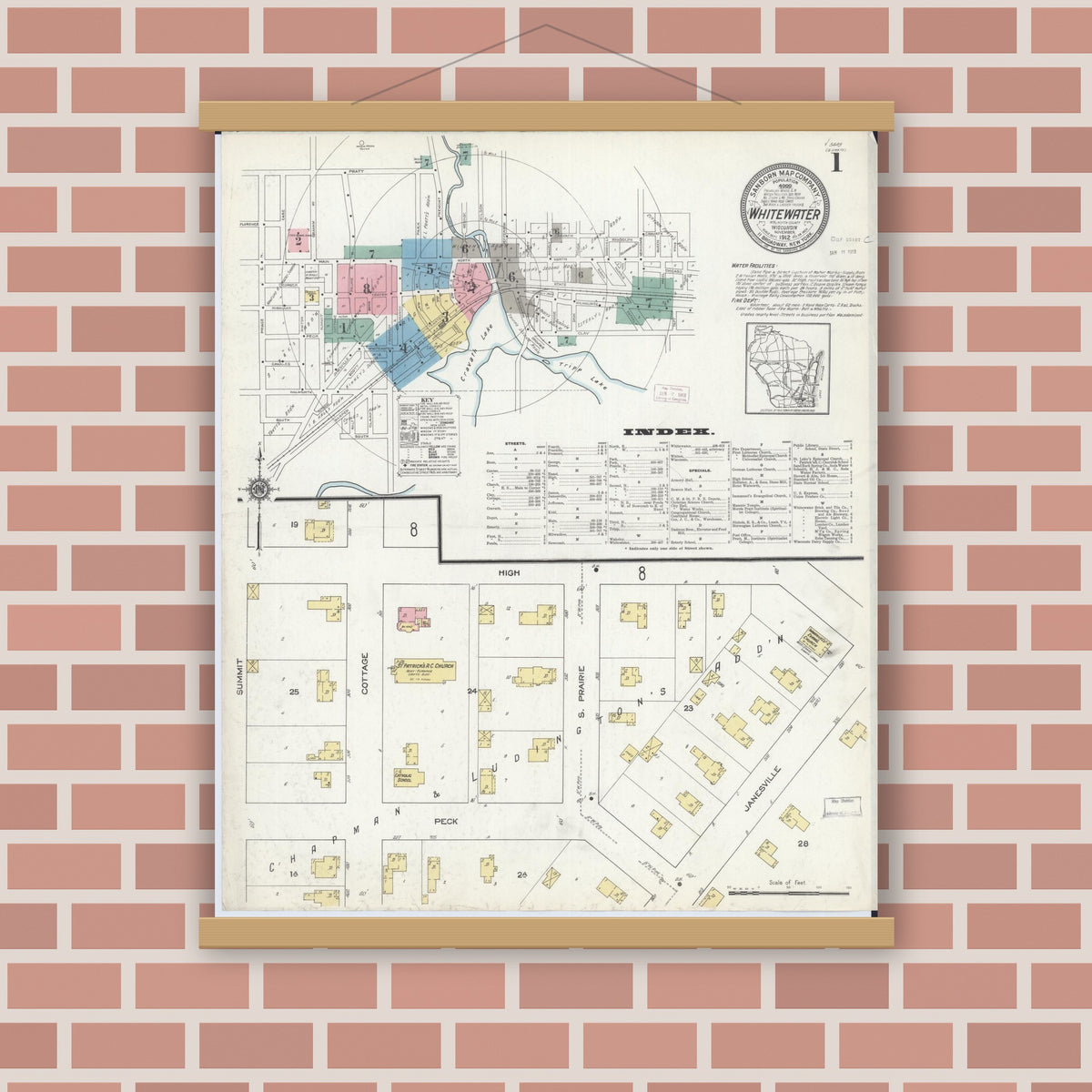 Old map wall art mockup — magnetic wood frame on brick wall — Sanborn Fire Insurance Map from Whitewater, Walworth County, Wisconsin (1912) - Complete Map Set