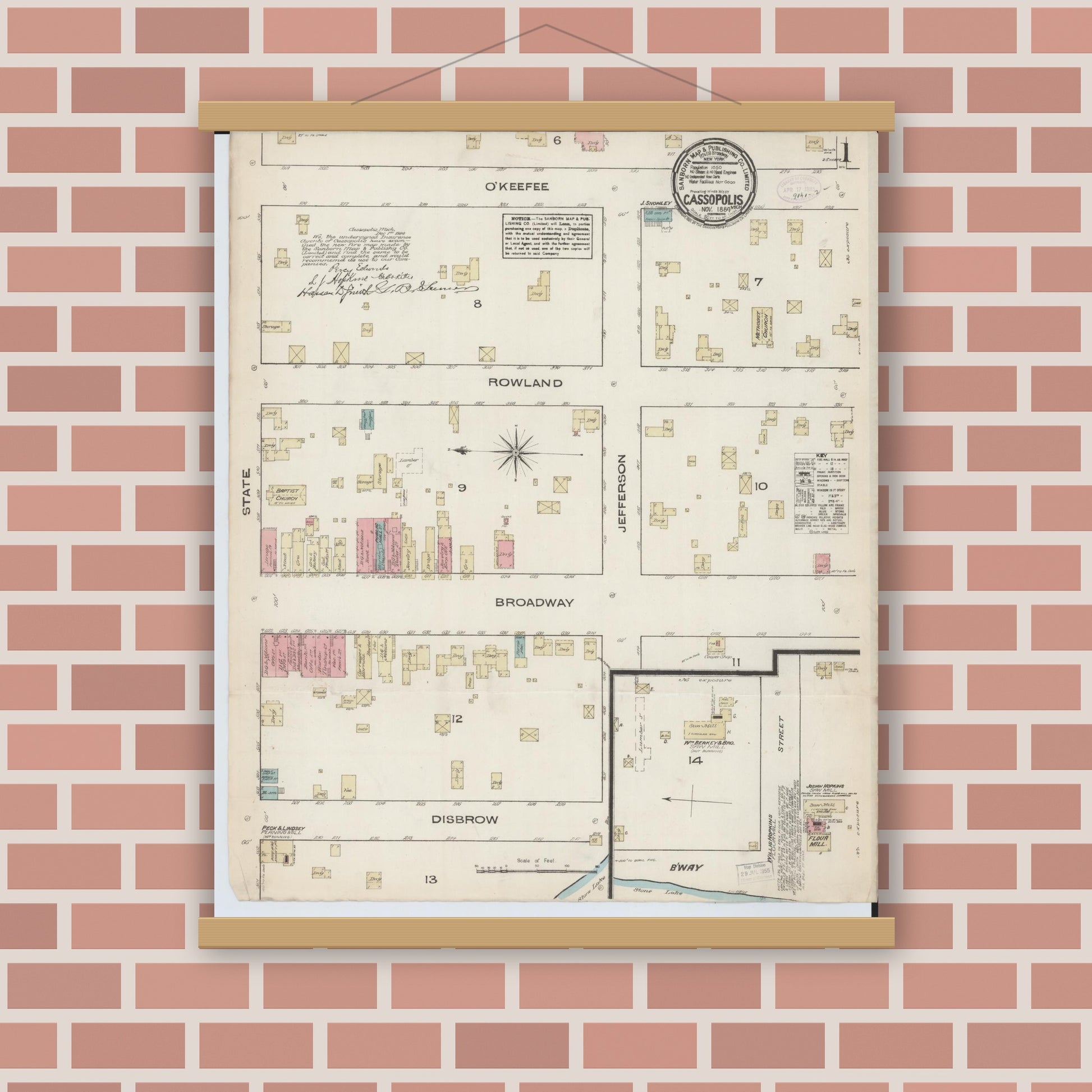 Old map wall art mockup — magnetic wood frame on brick wall — Sanborn Fire Insurance Map from Cassopolis, Cass County, Michigan (1884) - Complete Map Set