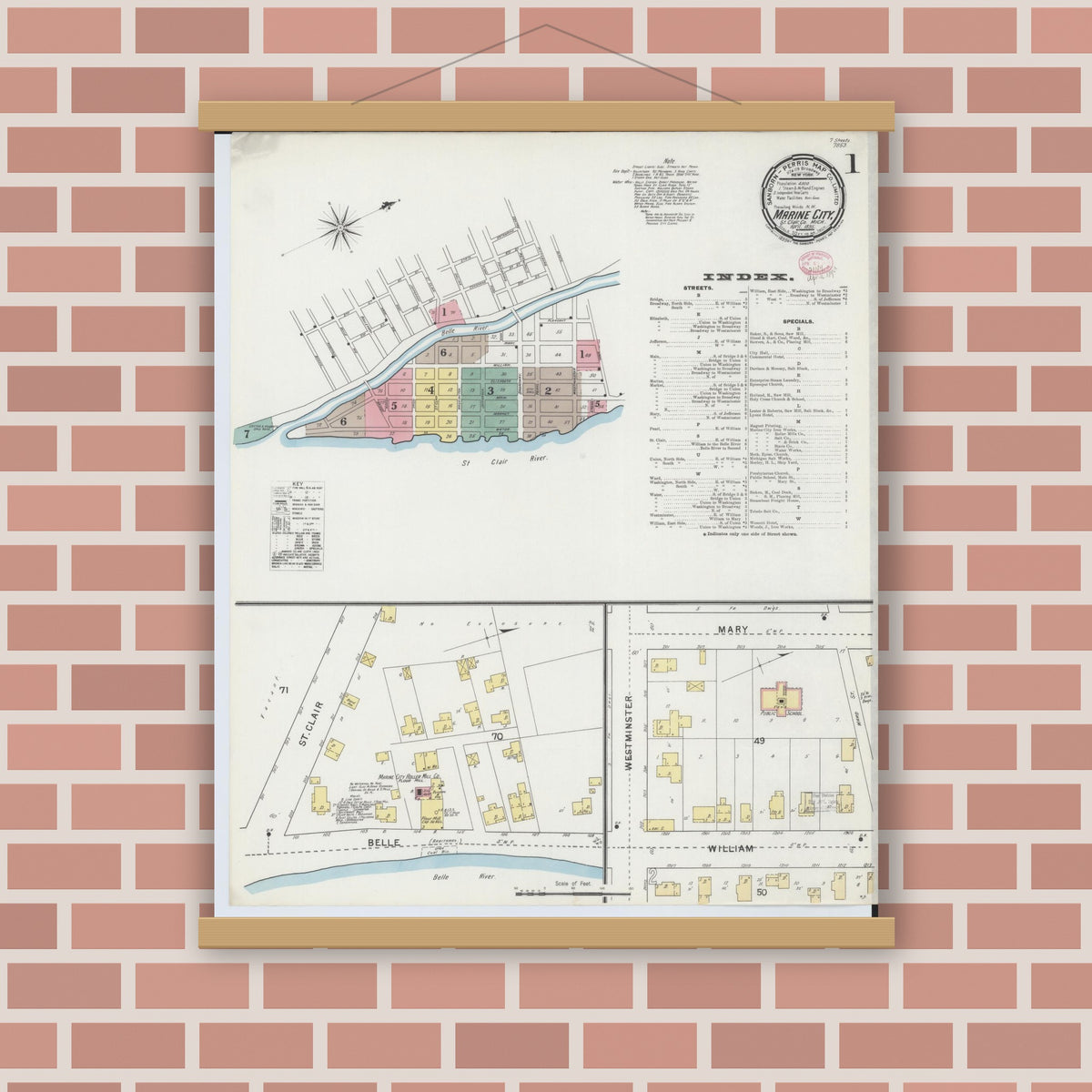 Old map wall art mockup — magnetic wood frame on brick wall — Sanborn Fire Insurance Map from Marine City, Saint Clair County, Michigan (1895), Sheet #0001