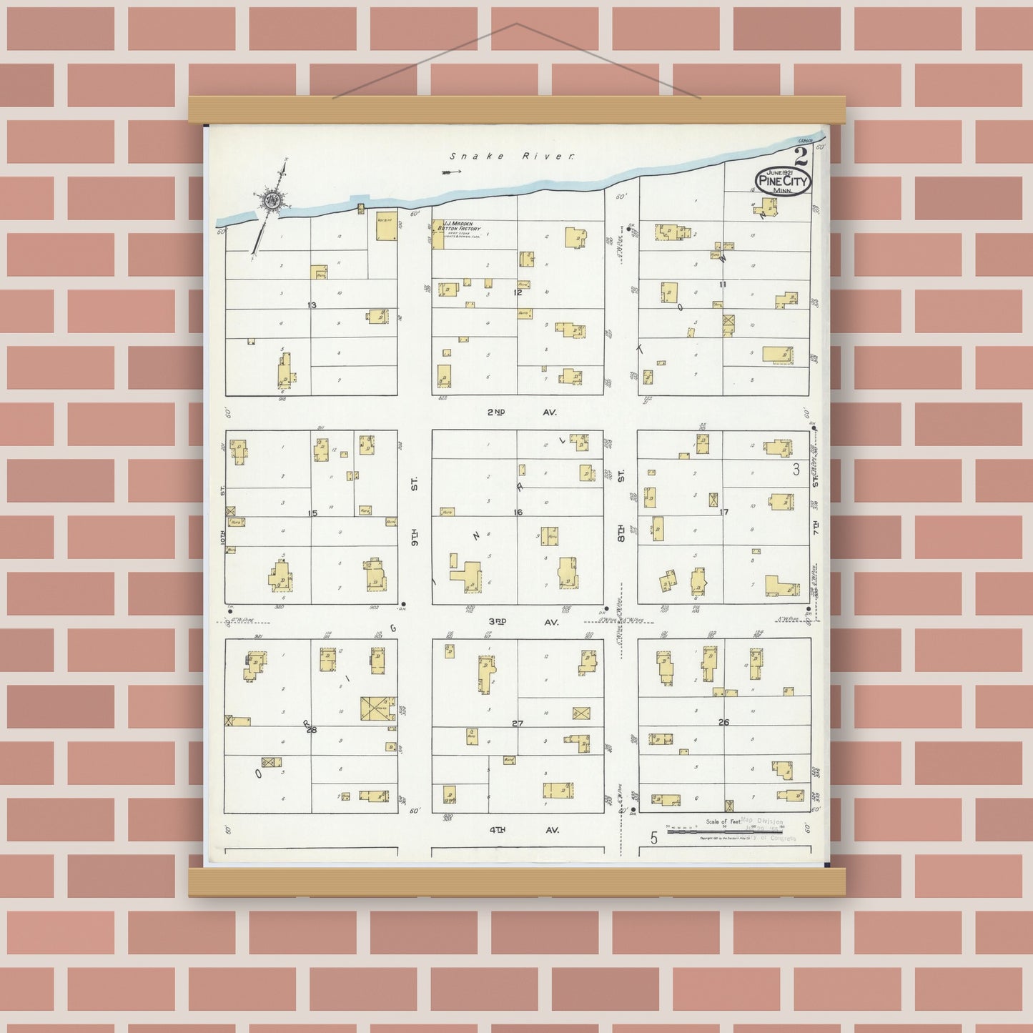 Old map wall art mockup — magnetic wood frame on brick wall — Sanborn Fire Insurance Map from Pine City, Pine County, Minnesota (1921), Sheet #0002