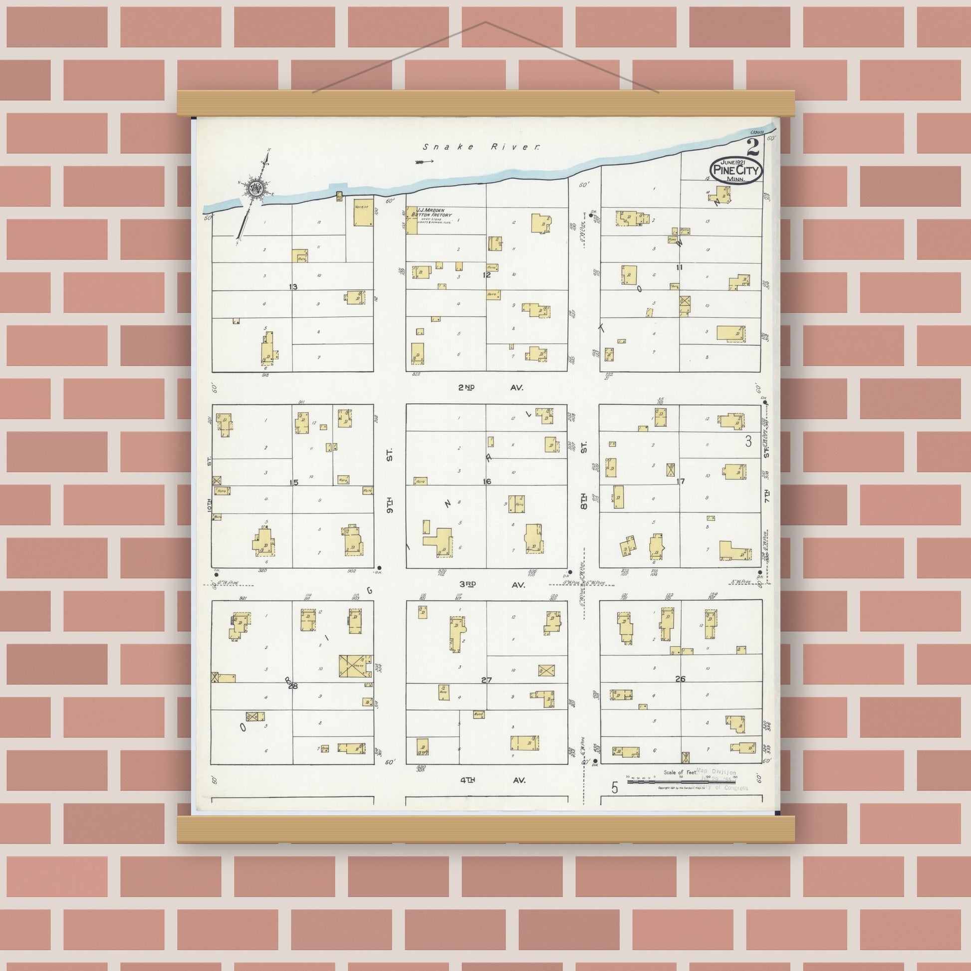 Old map wall art mockup — magnetic wood frame on brick wall — Sanborn Fire Insurance Map from Pine City, Pine County, Minnesota (1921), Sheet #0002