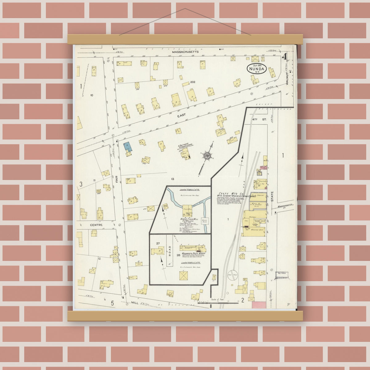 Old map wall art mockup — magnetic wood frame on brick wall — Sanborn Fire Insurance Map from Nunda, Livingston County, New York (1913), Sheet #0004