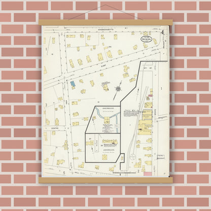 Old map wall art mockup — magnetic wood frame on brick wall — Sanborn Fire Insurance Map from Nunda, Livingston County, New York (1913), Sheet #0004