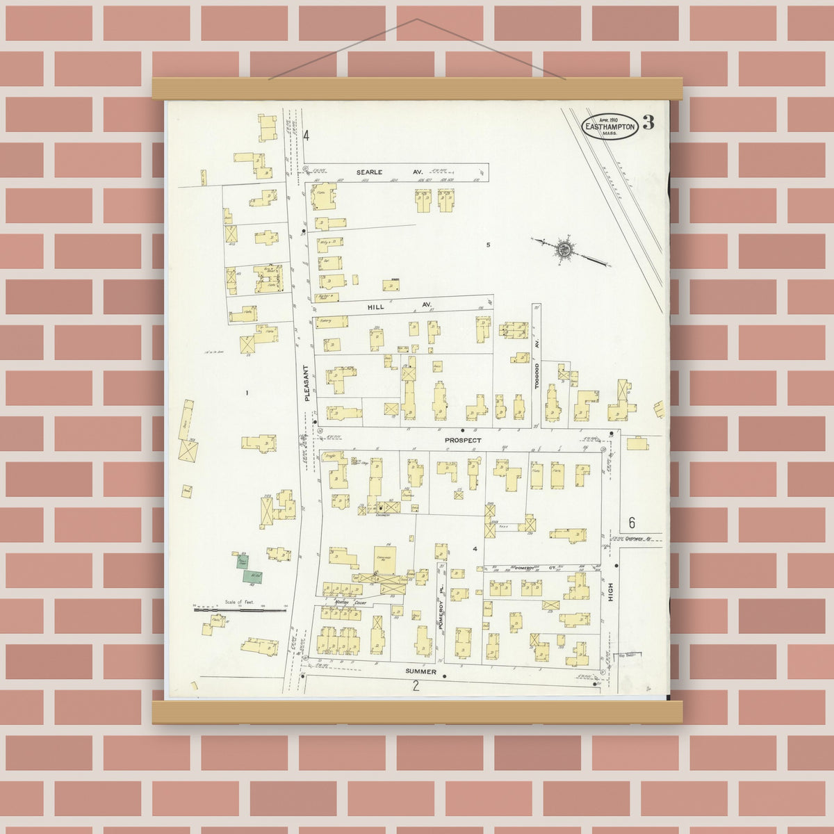 Old map wall art mockup — magnetic wood frame on brick wall — Sanborn Fire Insurance Map from East Hampton, Hampshire County, Massachusetts (1910), Sheet #0003