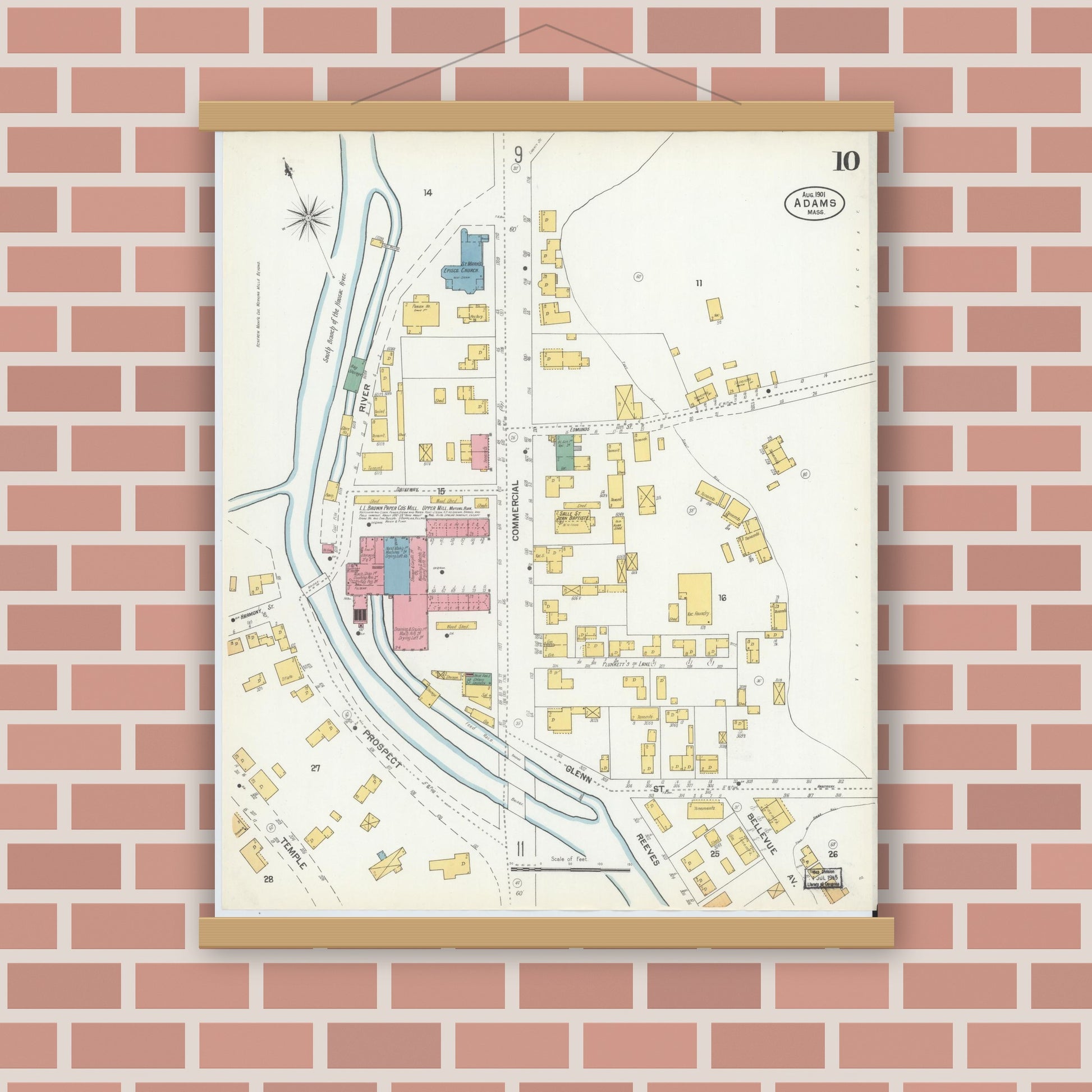 Old map wall art mockup — magnetic wood frame on brick wall — Sanborn Fire Insurance Map from Adams, Berkshire County, Massachusetts (1901), Sheet #0010