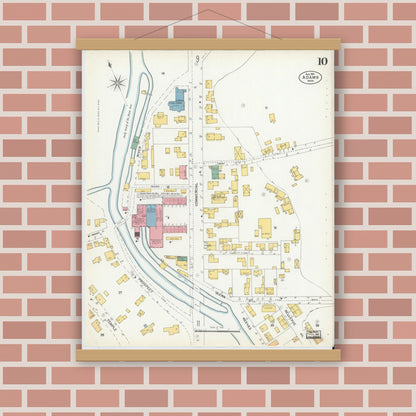 Old map wall art mockup — magnetic wood frame on brick wall — Sanborn Fire Insurance Map from Adams, Berkshire County, Massachusetts (1901), Sheet #0010