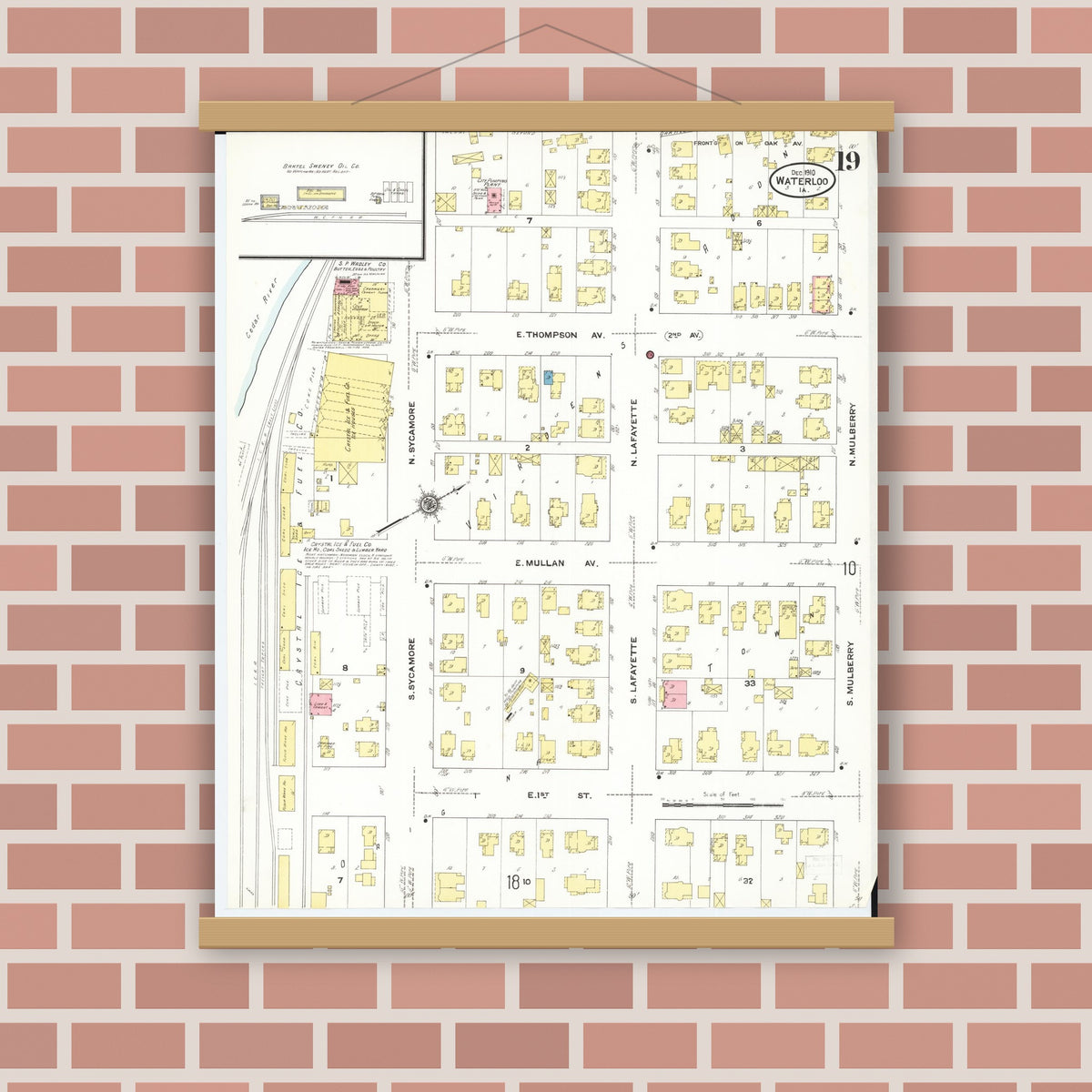 Old map wall art mockup — magnetic wood frame on brick wall — Sanborn Fire Insurance Map from Waterloo, Black Hawk County, Iowa (1910), Sheet #0019