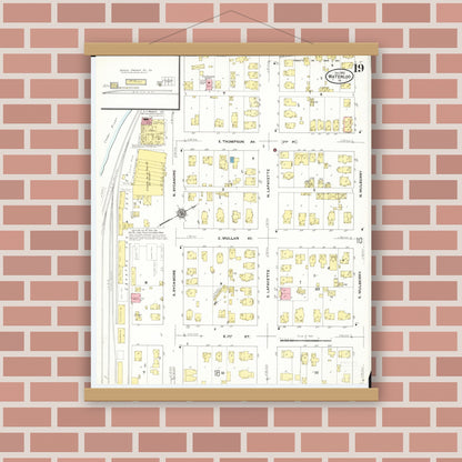Old map wall art mockup — magnetic wood frame on brick wall — Sanborn Fire Insurance Map from Waterloo, Black Hawk County, Iowa (1910), Sheet #0019
