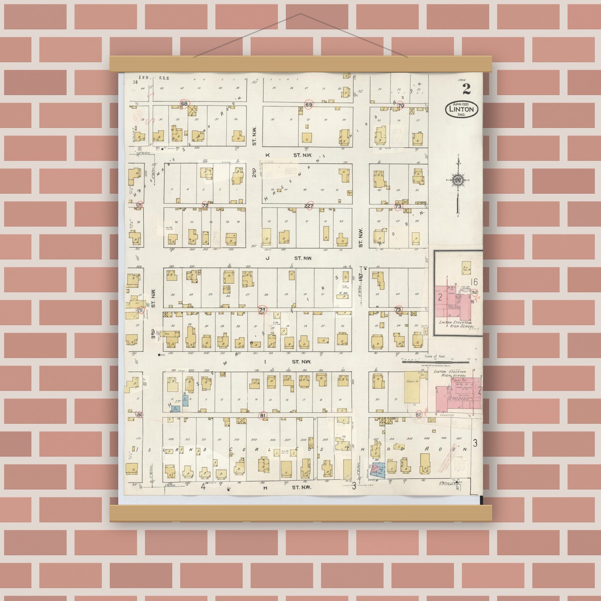 Old map wall art mockup — magnetic wood frame on brick wall — Sanborn Fire Insurance Map from Linton, Greene County, Indiana (1948), Sheet #0002