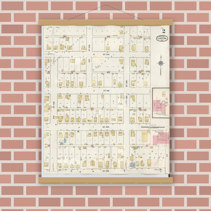 Old map wall art mockup — magnetic wood frame on brick wall — Sanborn Fire Insurance Map from Linton, Greene County, Indiana (1948), Sheet #0002