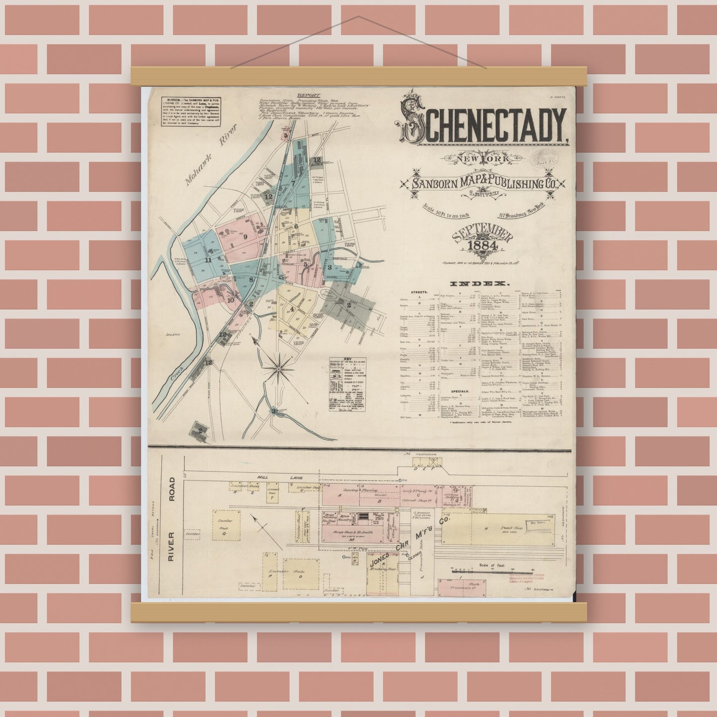 Old map wall art mockup — magnetic wood frame on brick wall — Sanborn Fire Insurance Map from Schenectady, Schenectady County, New York (1884) - Complete Map Set