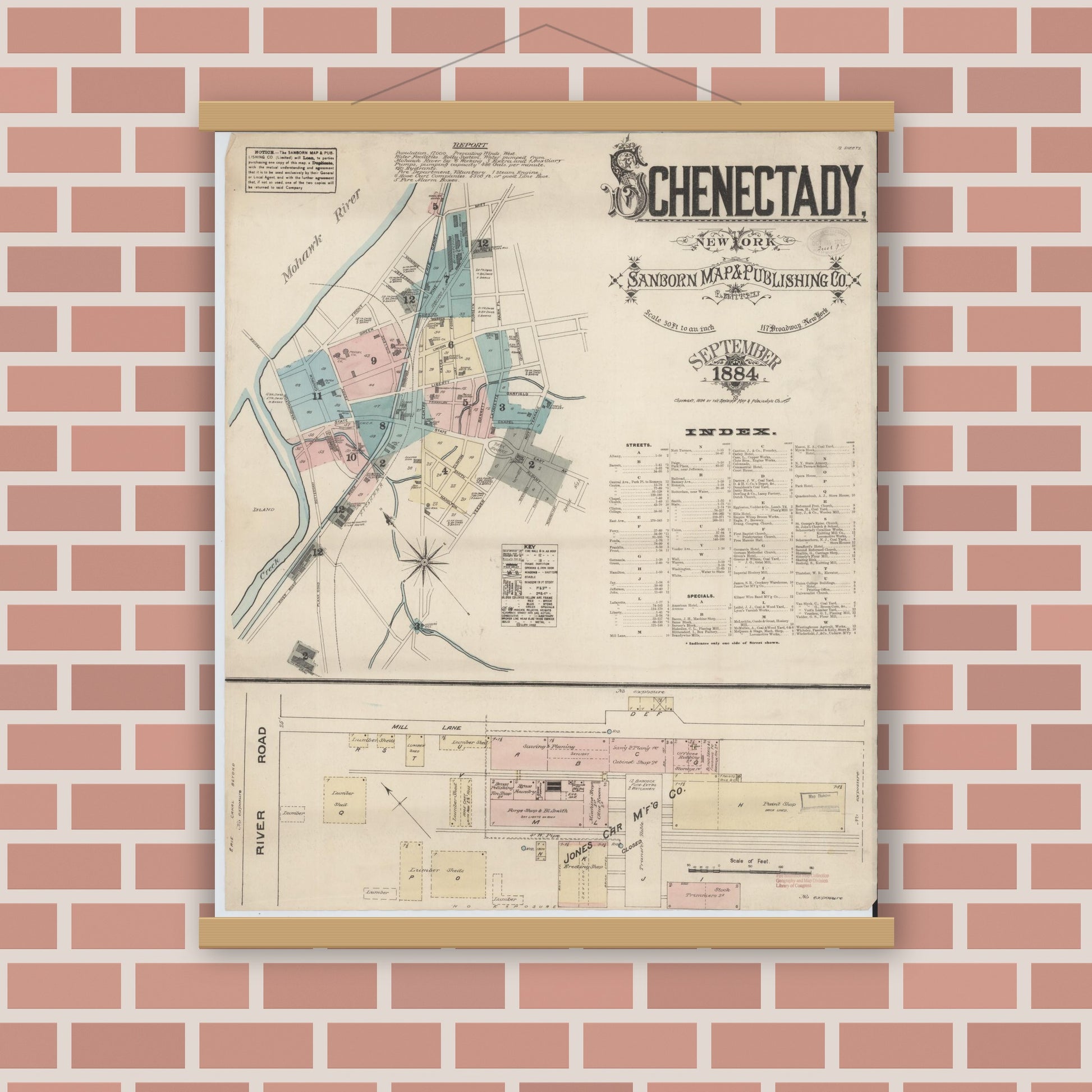 Old map wall art mockup — magnetic wood frame on brick wall — Sanborn Fire Insurance Map from Schenectady, Schenectady County, New York (1884) - Complete Map Set