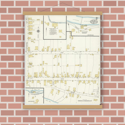 Old map wall art mockup — magnetic wood frame on brick wall — Sanborn Fire Insurance Map from Edinburg, Shenandoah County, Virginia (1915), Sheet #0002