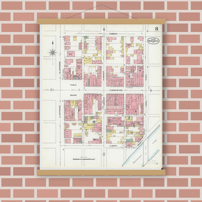 Old map wall art mockup — magnetic wood frame on brick wall — Sanborn Fire Insurance Map from New Castle, Lawrence County, Pennsylvania (1899), Sheet #0008