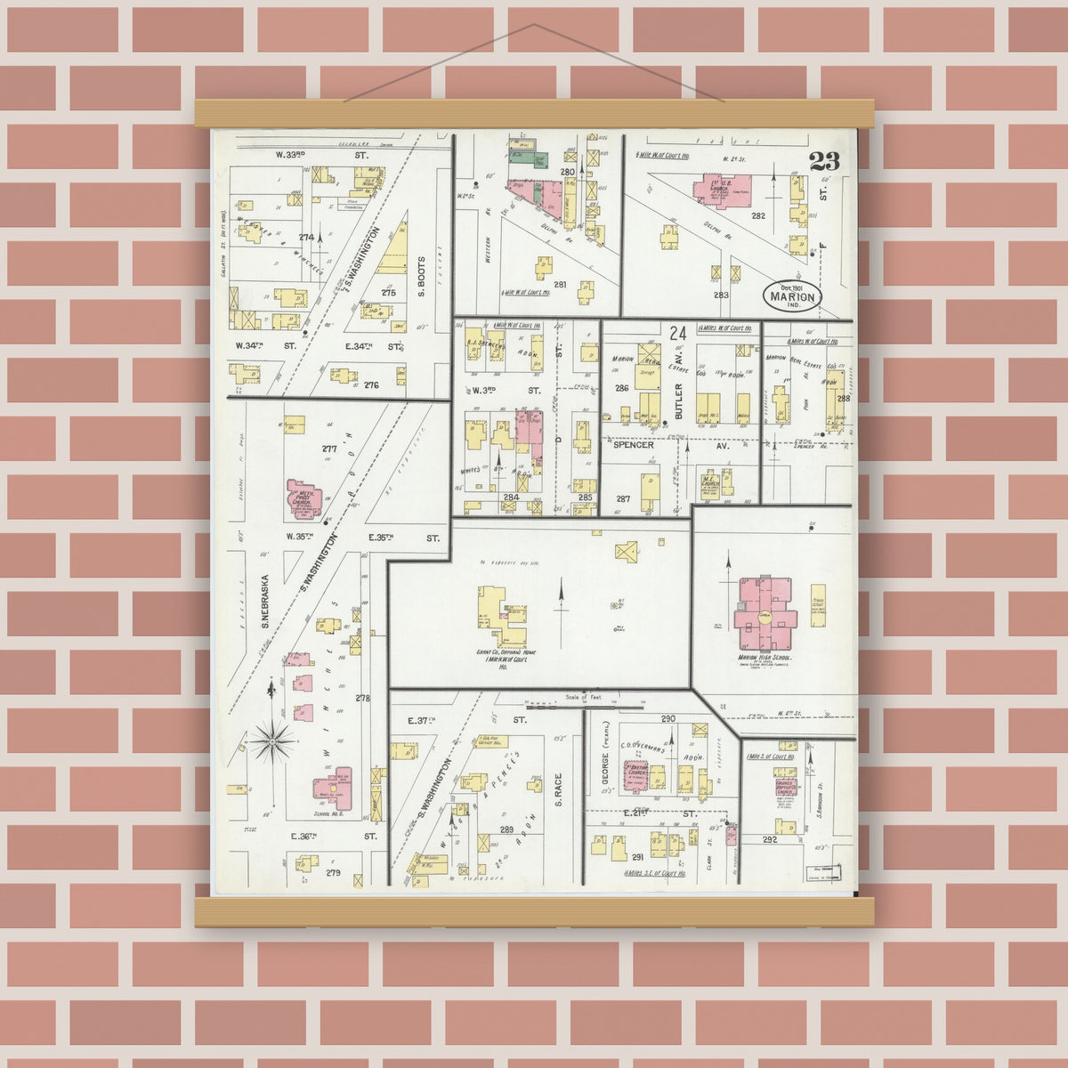 Old map wall art mockup — magnetic wood frame on brick wall — Sanborn Fire Insurance Map from Marion, Grant County, Indiana (1901), Sheet #0023