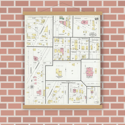 Old map wall art mockup — magnetic wood frame on brick wall — Sanborn Fire Insurance Map from Marion, Grant County, Indiana (1901), Sheet #0023