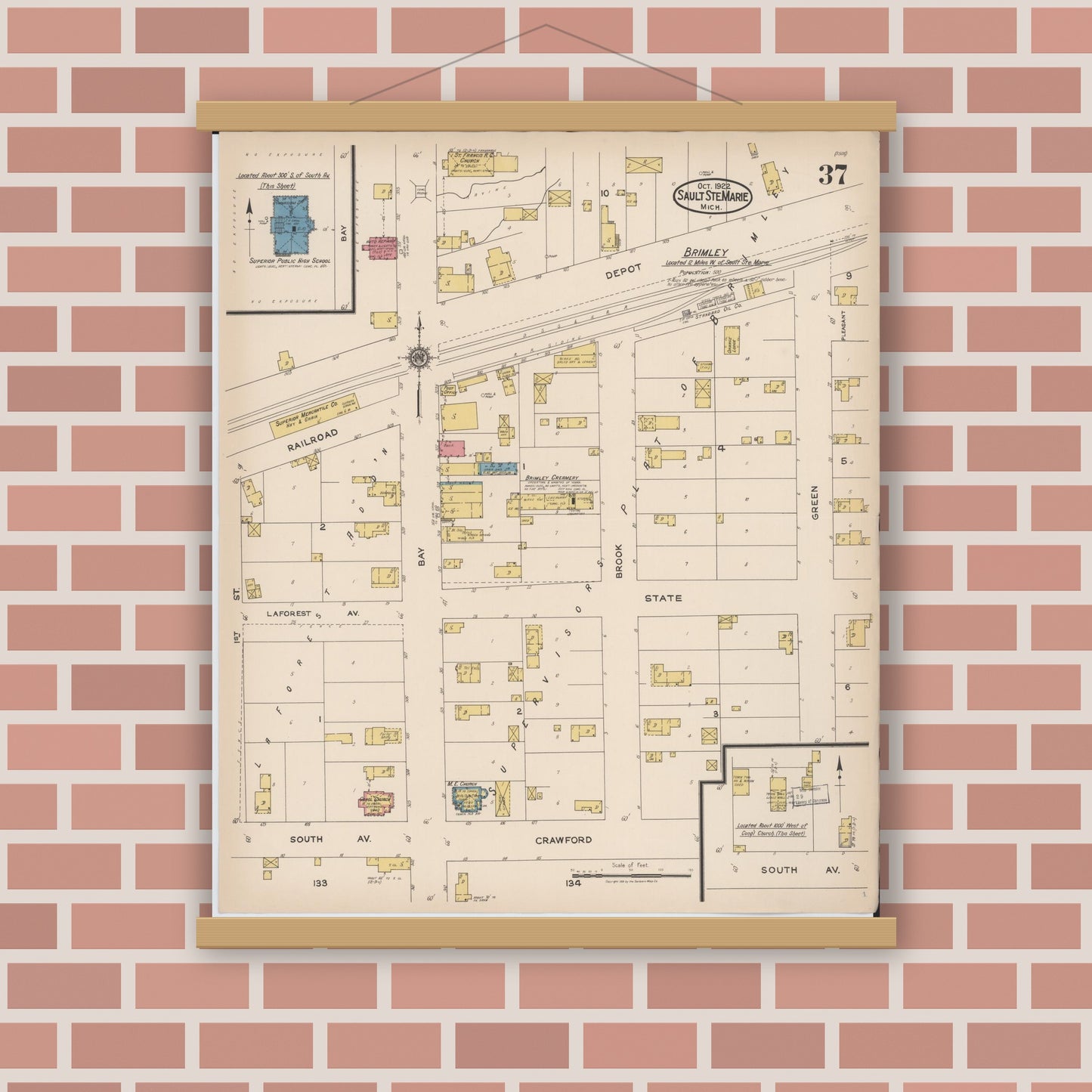 Old map wall art mockup — magnetic wood frame on brick wall — Sanborn Fire Insurance Map from Sault Sainte Marie, Chippewa County, Michigan (1922), Sheet #0037
