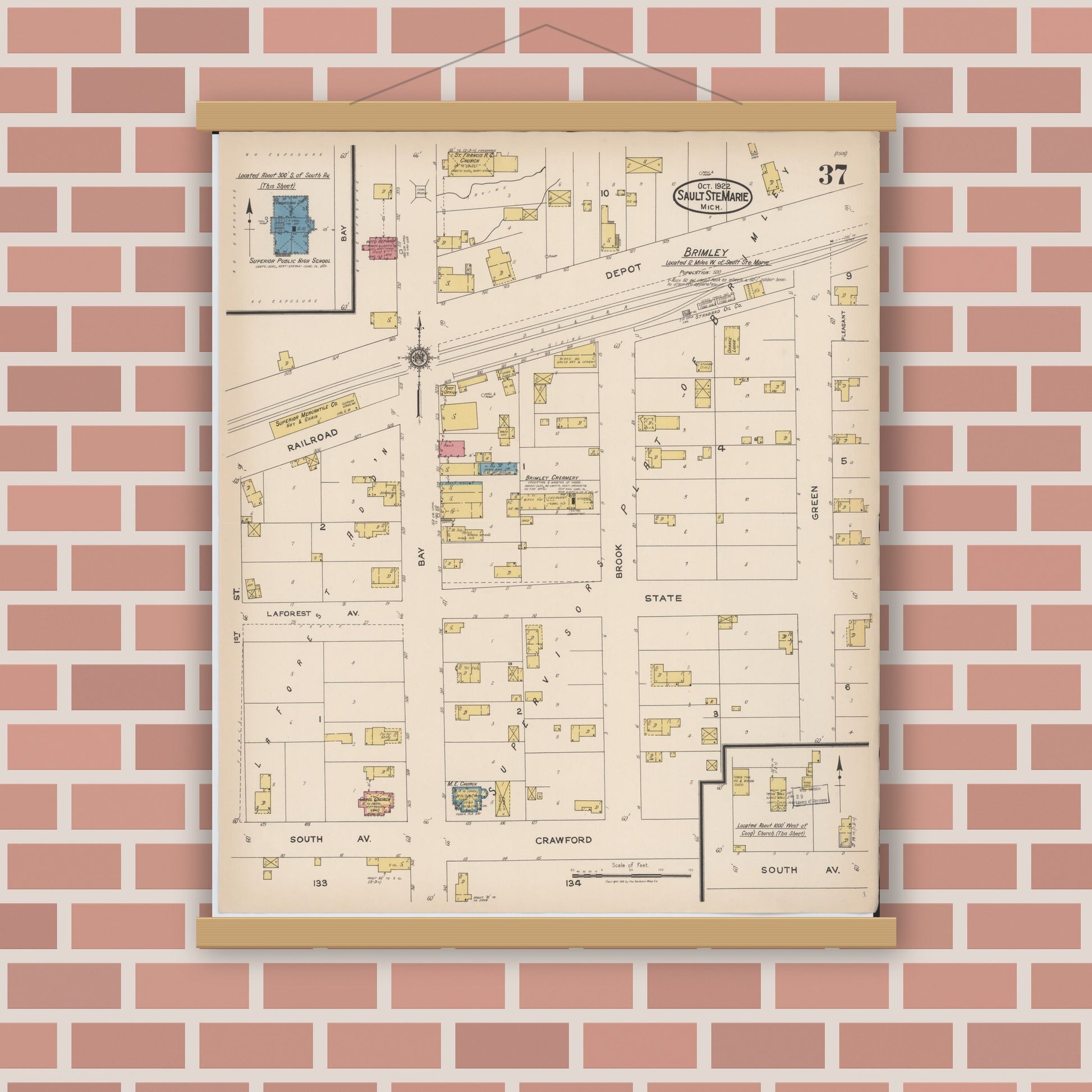 Old map wall art mockup — magnetic wood frame on brick wall — Sanborn Fire Insurance Map from Sault Sainte Marie, Chippewa County, Michigan (1922), Sheet #0037