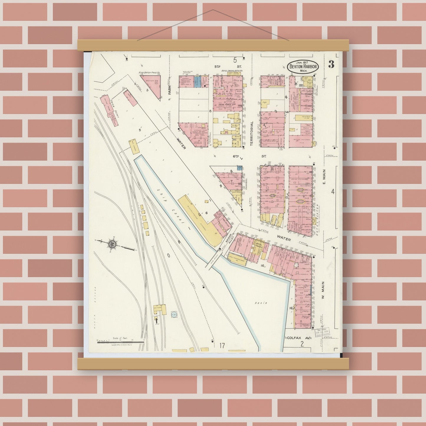 Old map wall art mockup — magnetic wood frame on brick wall — Sanborn Fire Insurance Map from Benton Harbor, Berrien County, Michigan (1917), Sheet #0003