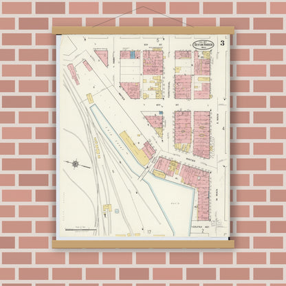 Old map wall art mockup — magnetic wood frame on brick wall — Sanborn Fire Insurance Map from Benton Harbor, Berrien County, Michigan (1917), Sheet #0003