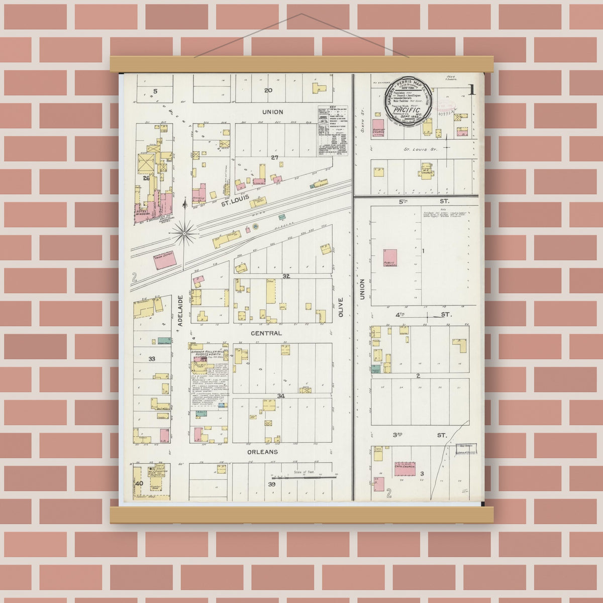Old map wall art mockup — magnetic wood frame on brick wall — Sanborn Fire Insurance Map from Pacific, Franklin County, Missouri (1892), Sheet #0001