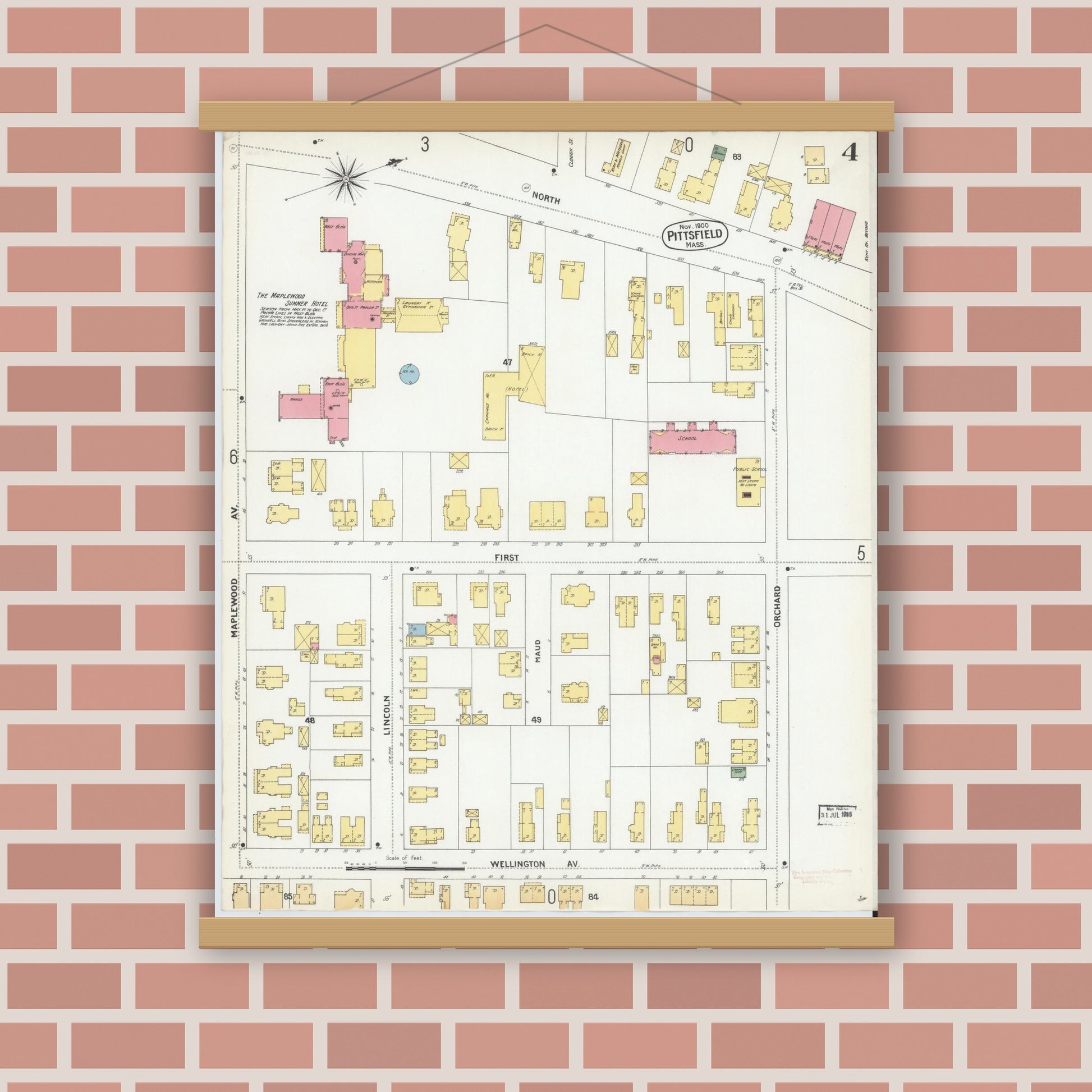 Old map wall art mockup — magnetic wood frame on brick wall — Sanborn Fire Insurance Map from Pittsfield, Berkshire County, Massachusetts (1900), Sheet #0004
