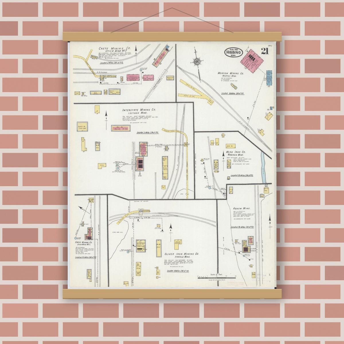 Old map wall art mockup — magnetic wood frame on brick wall — Sanborn Fire Insurance Map from Hibbing, Saint Louis County, Minnesota (1921), Sheet #0021
