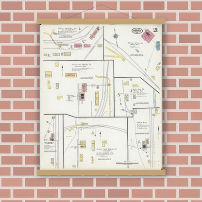 Old map wall art mockup — magnetic wood frame on brick wall — Sanborn Fire Insurance Map from Hibbing, Saint Louis County, Minnesota (1921), Sheet #0021
