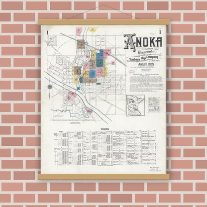 Old map wall art mockup — magnetic wood frame on brick wall — Sanborn Fire Insurance Map from Anoka, Anoka County, Minnesota (1925) - Complete Map Set