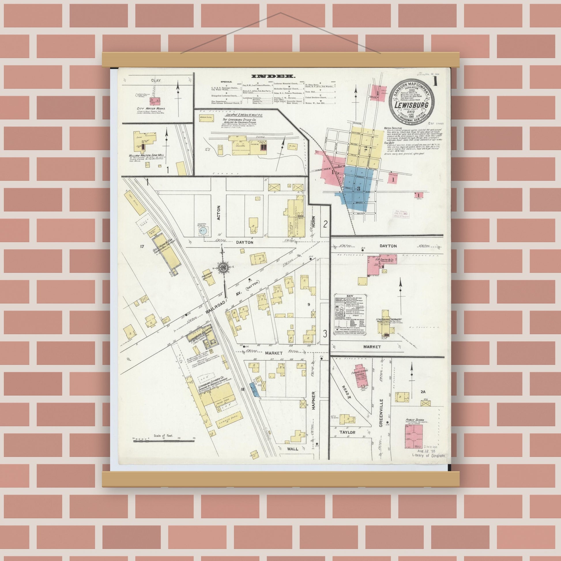 Old map wall art mockup — magnetic wood frame on brick wall — Sanborn Fire Insurance Map from Lewisburg, Preble County, Ohio (1911), Sheet #0001