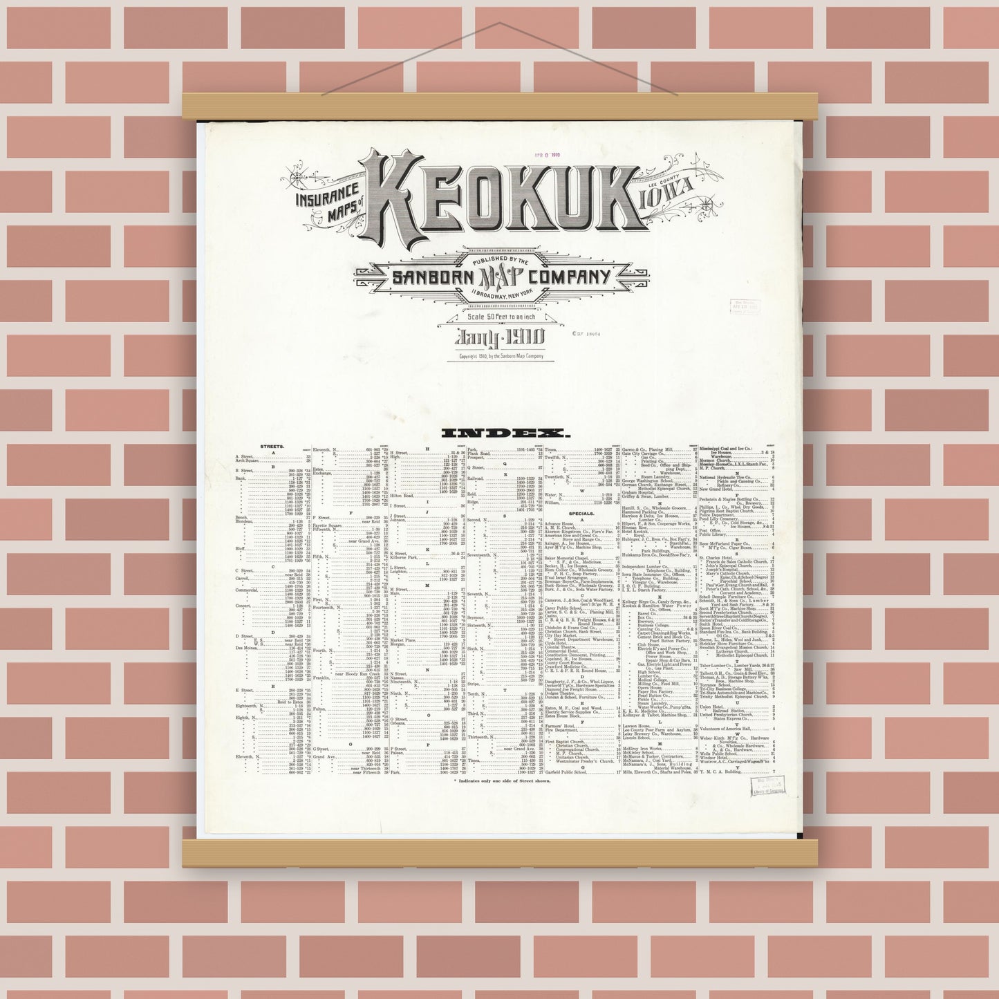 Old map wall art mockup — magnetic wood frame on brick wall — Sanborn Fire Insurance Map from Keokuk, Lee County, Iowa (1910), Sheet #0001