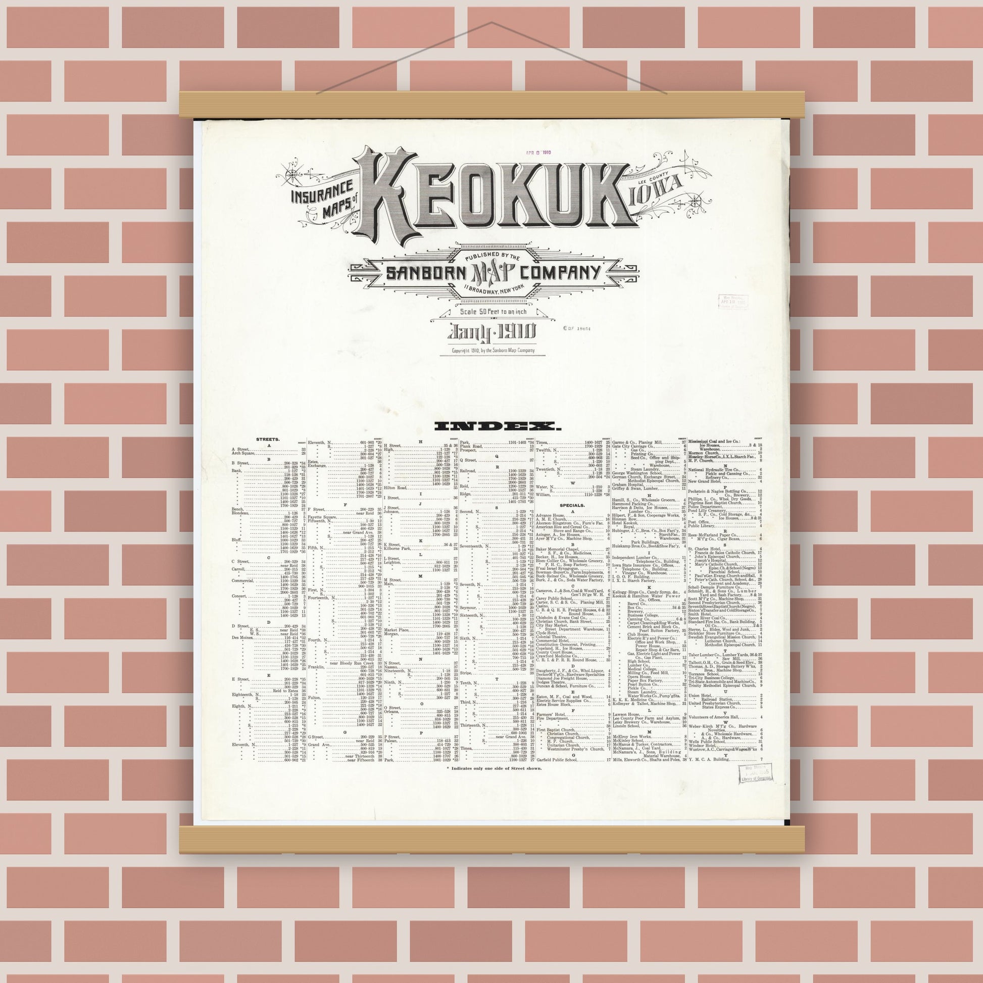 Old map wall art mockup — magnetic wood frame on brick wall — Sanborn Fire Insurance Map from Keokuk, Lee County, Iowa (1910), Sheet #0001