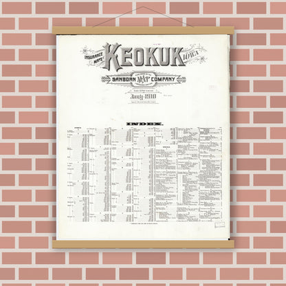 Old map wall art mockup — magnetic wood frame on brick wall — Sanborn Fire Insurance Map from Keokuk, Lee County, Iowa (1910), Sheet #0001